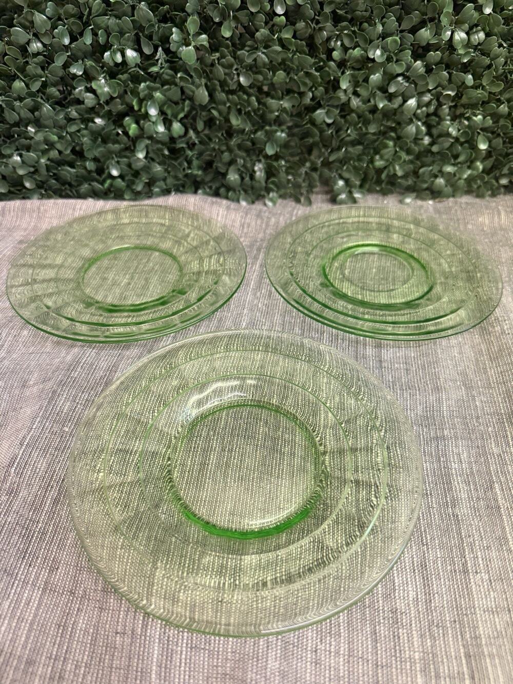 3 Vintage Federal Glass Optic Glowing Green Uranium Depression Saucers 6”